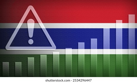 Gambia flag with burlap texture, warning sign, and rising bar chart symbolizing increasing risk or growth challenges in the country. Ideal for data presentations.