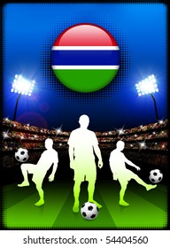 Gambia Flag Button with Soccer Match in Stadium Original Illustration