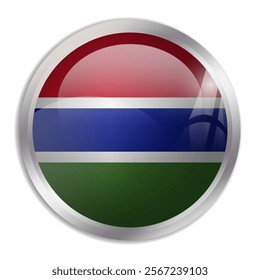 Gambia flag - glossy circle button displays a colorful flag representing a country cultural identity and heritage. The essence of national pride and unity.