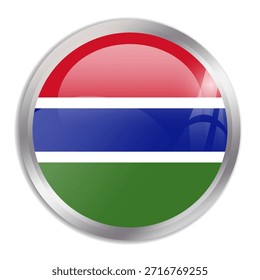 Gambia flag - glossy circle button in metal frame displays a colorful flag of a country cultural identity and heritage. The essence of national pride and unity.