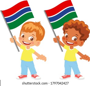 Gambia flag in hand. Children holding flag. National flag of Gambia vector