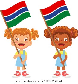 Gambia flag in hand. Children holding flag. National flag of Gambia vector