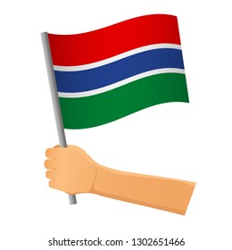 Gambia flag in hand. Patriotic background. National flag of Gambia vector illustration