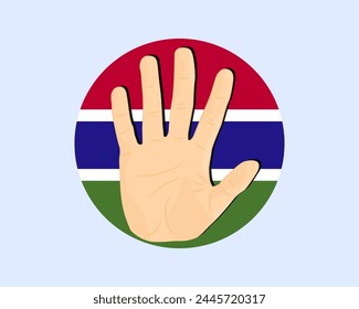 Gambia-Fahne mit Handstopp-Schild, Protest- und Menschenrechtsidee, Vektorgrafik-Design, Protest in Gambia, Einschränkung oder verbotenes Emblem, Verletzung der Meinungsfreiheit, Krieg beenden