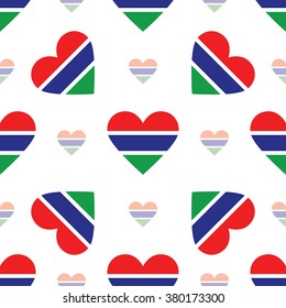 Gambia flag heart seamless pattern. Patriotic Gambia flag background. Country flag in the shape of heart. Vector seamless pattern.