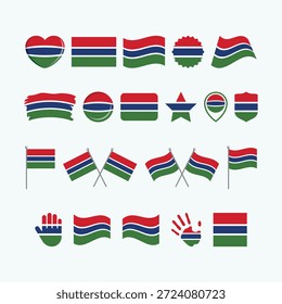 Vector de conjunto de iconos de bandera de Gambia aislado sobre un fondo gris. Elemento de Diseño gráfico de la bandera gambiana. Bandera de la colección de símbolos de Gambia. Conjunto de iconos de la bandera de Gambia en estilo plano