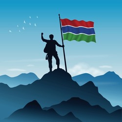 Gambia Flag raised on a mountain peak with clear sky in the background, vector illustration