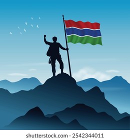 Gambia Flag raised on a mountain peak with clear sky in the background, vector illustration