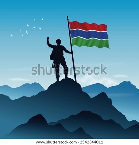 Gambia Flag raised on a mountain peak with clear sky in the background, vector illustration