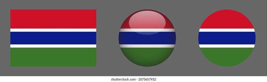 Gambia flag set collection, button rounded, flat rounded.