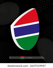 Gambia Flag Shield icon in 3D on Dark Modern Abstract Rugby Background. Perfect for sports events, heritage themes, national celebrations, and patriotic designs.