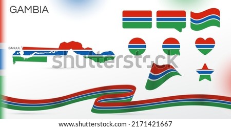 Gambia flags set. Various designs. Map and capital city. World flags. Vector set. Circle icon. Template for independence day. Collection of national symbols. Ribbon with colors of the flag. Africa