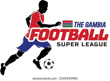 La liga de fútbol de Gambia, balón de fútbol, logotipo de fútbol, futbolista patea el balón aislado sobre fondo blanco, Ilustración vectorial