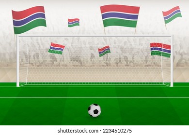 Gambia football team fans with flags of Gambia cheering on stadium, penalty kick concept in a soccer match. Sports vector illustration.