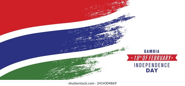 Gambia happy independence day greeting card, banner vector illustration. Gambian national holiday 18th of February design element with distressed flag
