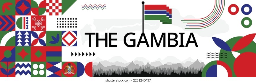 Banner del Día de la Independencia de Gambia con mapa, fondo del tema de los colores de la bandera y diseño geométrico abstracto retro moderno rojo, verde blanco y azul. Plantilla de Ilustración vectorial con aspecto moderno.