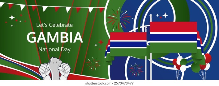 Gambia Independence Day greeting wide banner. 18th February Happy Gambia National Day. Holidays illustration concept. Great for event like carnival, feast poster, support, culture and tourism