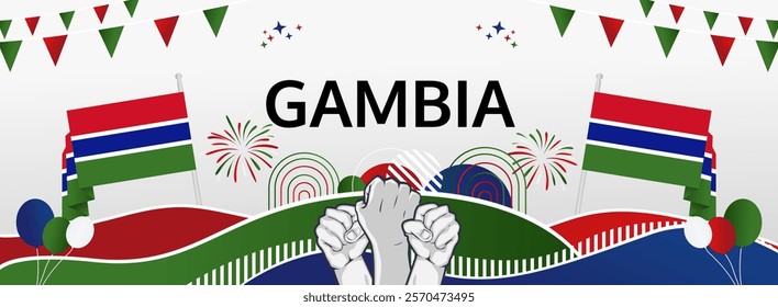 Gambia Independence Day greeting wide banner. 18th February Happy Gambia National Day. Holidays illustration concept. Great for event like carnival, feast poster, support, culture and tourism