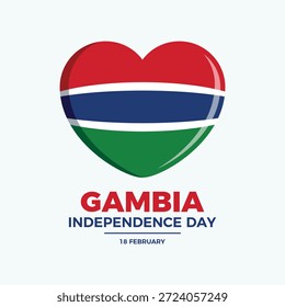 Ilustración vectorial de afiche del Día de la Independencia de Gambia. Bandera de Gambia en forma de corazón icono Vector. Símbolo de amor de corazón de bandera gambiana. Plantilla para el fondo, Anuncio, tarjeta. 18 de febrero. Día importante