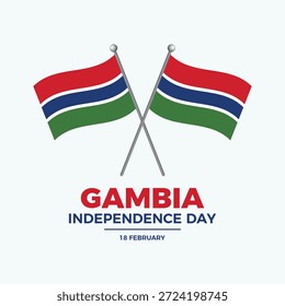 Ilustración vectorial de afiche del Día de la Independencia de Gambia. Dos banderas gambianas cruzadas en un icono de poste. Símbolo de la bandera de Gambia. Plantilla para el fondo, Anuncio, tarjeta. 18 de febrero. Día importante