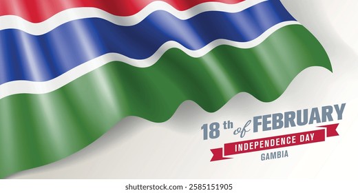 Gambia independence day vector banner, greeting card. Gambian wavy flag in 18th of February national patriotic holiday horizontal design