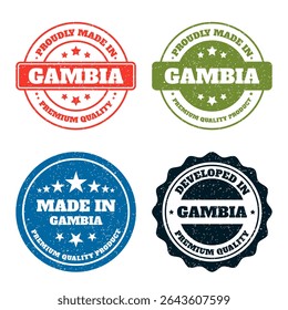 Gambia Made Product Label. Premium Quality. Vintage Stamp. Country of Origin. Badge. Seal. Vector. Graphic Design