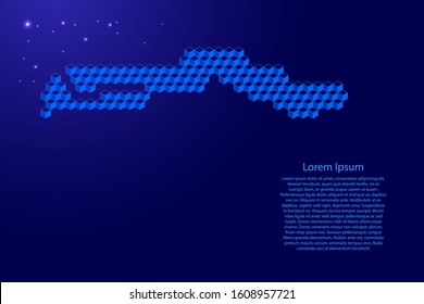 Gambia map from 3D classic blue color cubes isometric abstract concept, square pattern, angular geometric shape, glowing stars. Vector illustration.