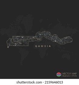 The Gambia map abstract geometric mesh polygonal light concept with black and white glowing contour lines countries and dots on dark background. Vector illustration.