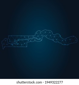 mapa de gambia Resumen de la línea de purga y las escalas de puntos en el fondo oscuro. Línea de red poligonal de malla 3D del marco de cables.