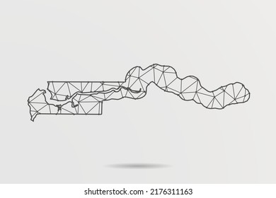 Mapa de Gambia - Resumen de la línea de mash y las escalas de puntos sobre fondo blanco con el Mapa Mundial. Malla 3D del marco de cables línea de red poligonal, esfera de diseño, punto y estructura - Ilustración vectorial eps 10