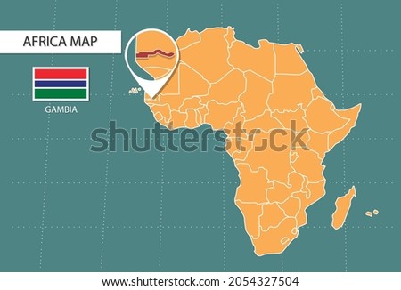 Gambia map in Africa zoom version, icons showing Gambia location and flags.