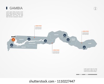 Gambia map with borders, cities, capital Banjul and administrative divisions. Infographic vector map. Editable layers clearly labeled.