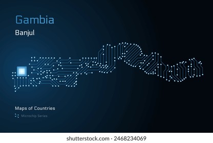 Gambia Mapa con la capital de Banjul Mostrado en un Patrón de Microchip con procesador. Gobierno electrónico. Mapas de Vector de Países Mundiales. Serie de microchips	
