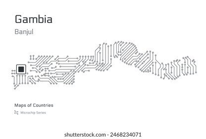 Gambia Map with a capital of Banjul Shown in a Microchip Pattern with processor. E-government. World Countries vector maps. Microchip Series	
