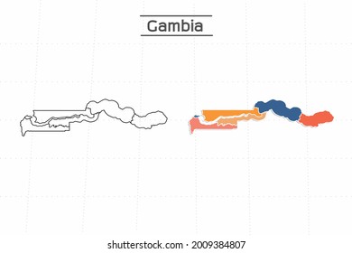 Gambia map city vector divided by colorful outline simplicity style. Have 2 versions, black thin line version and colorful version. Both map were on the white background.