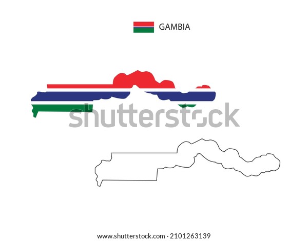 Gambia\
map city vector divided by outline simplicity style. Have 2\
versions, black thin line version and color of country flag\
version. Both map were on the white\
background.