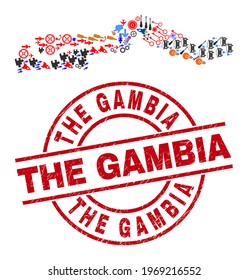 El collage de mapas de Gambia y el sello del círculo rojo de Gambia. El sello de Gambia usa líneas vectoriales y arcos. El collage de mapas de Gambia incluye cascos, casas, garras, insectos, manos,