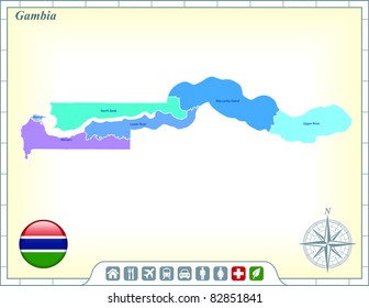 Mapa de Gambia con botones de bandera y asistencia y activa iconos Ilustración original