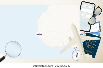 Gambia map and flag, cargo plane on the detailed map of Gambia with flag, passport, magnifying glass and airplane. Vector template.