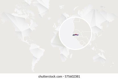 Gambia map with flag in contour on white polygonal World Map. Vector Illustration.