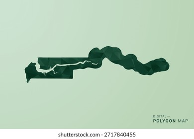 Karte von Gambia - Vektorgrafik im Stil eines grünen Polygons, geometrisches Design mit niedrigem Poly und sauberer Silhouette auf weichgrünem Hintergrund.