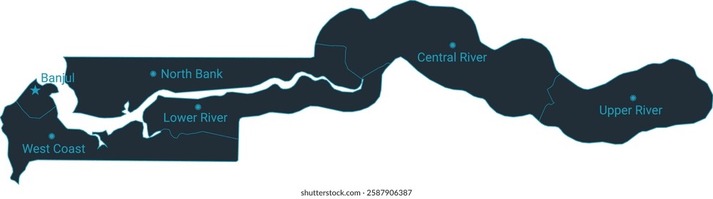 Gambia map high detailed with administrative divide by state, capital cities names, outline simplicity style. Vector illustration EPS10.