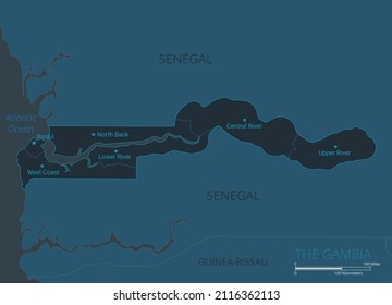 The Gambia map. High detailed map of The Gambia with countries, borders, cities, water objects. Vector illustration eps10