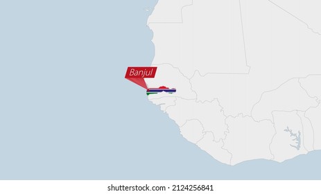 Gambia map highlighted in Gambia flag colors and pin of country capital Banjul, map with neighboring African countries.