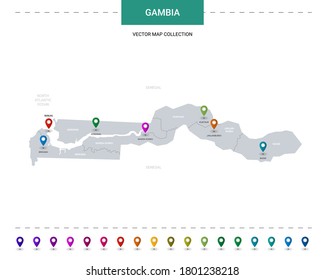 Gambia map with location pointer marks. Infographic vector template, isolated on white background. 