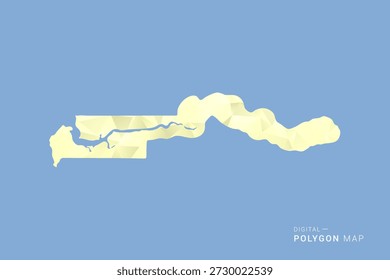 Mapa de Gambia en estilo de Vector de polígono bajo, ilustración de forma geométrica con tonos amarillos suaves sobre fondo azul, silueta limpia para infografía.