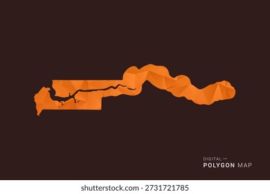 Mapa de Gambia - Vector de polígono bajo, silueta triangulada geométrica en tonos naranja y marrón oscuro, estilo infográfico moderno limpio, fondo aislado.