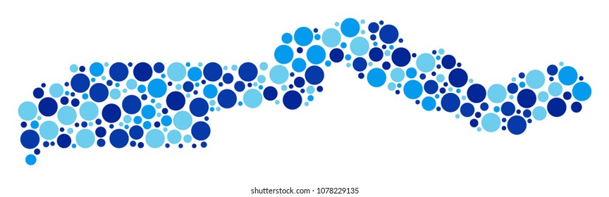 The Gambia Map mosaic of filled circles in different sizes and blue shades. Random round spots are organized into The Gambia Map collage. Vector geography blue map design concept.