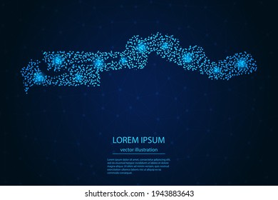 Mapa de Gambia desde estrellas azules y brillantes en un fondo oscuro. Vector eps 10.