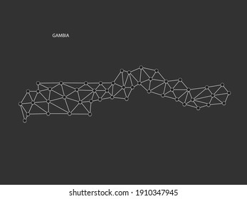 Gambia Map Point scales on black background. Wire frame polygonal network white line, dot and shadow dot.